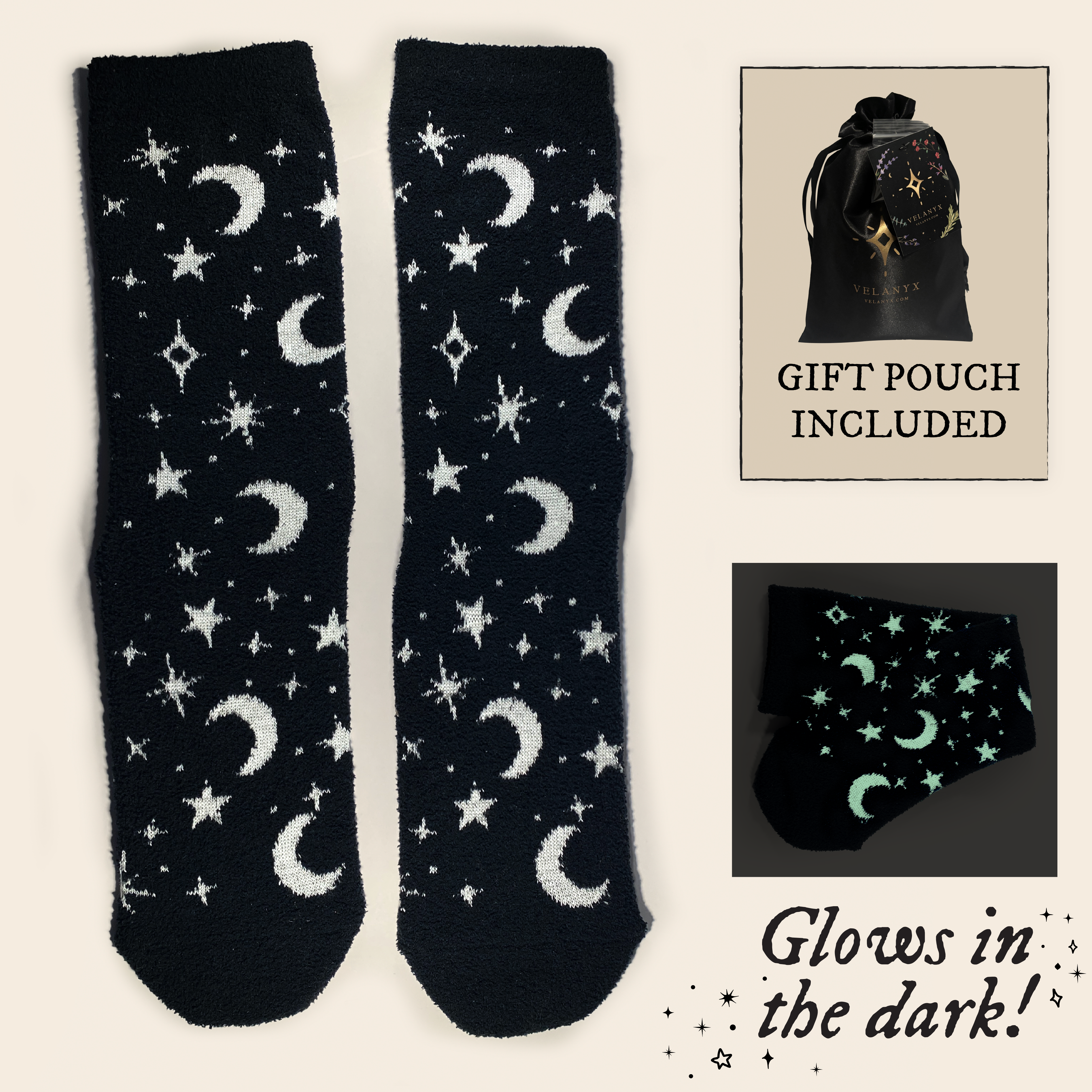 Black socks with moon and star patterns, glowing in the dark, with a gift pouch included.
Celestial glow-in-the-dark cozy socks with star and moon pattern by Velanyx

Soft plush gripper socks that glow in the dark in celestial design

Black cozy socks with glow star pattern and non-slip bottoms

Witchy celestial glow socks perfect for cozy nights and gifting

Velanyx glow-in-the-dark star socks ultra soft plush material